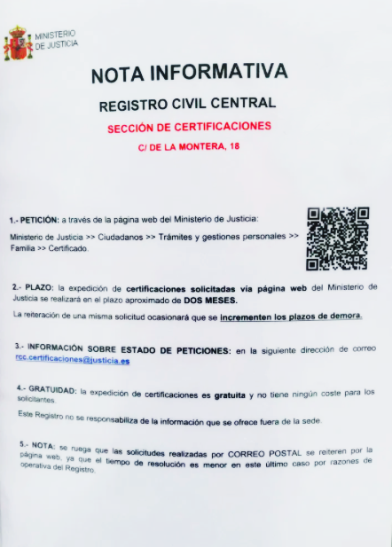 Registro civil central. certificados urgentes